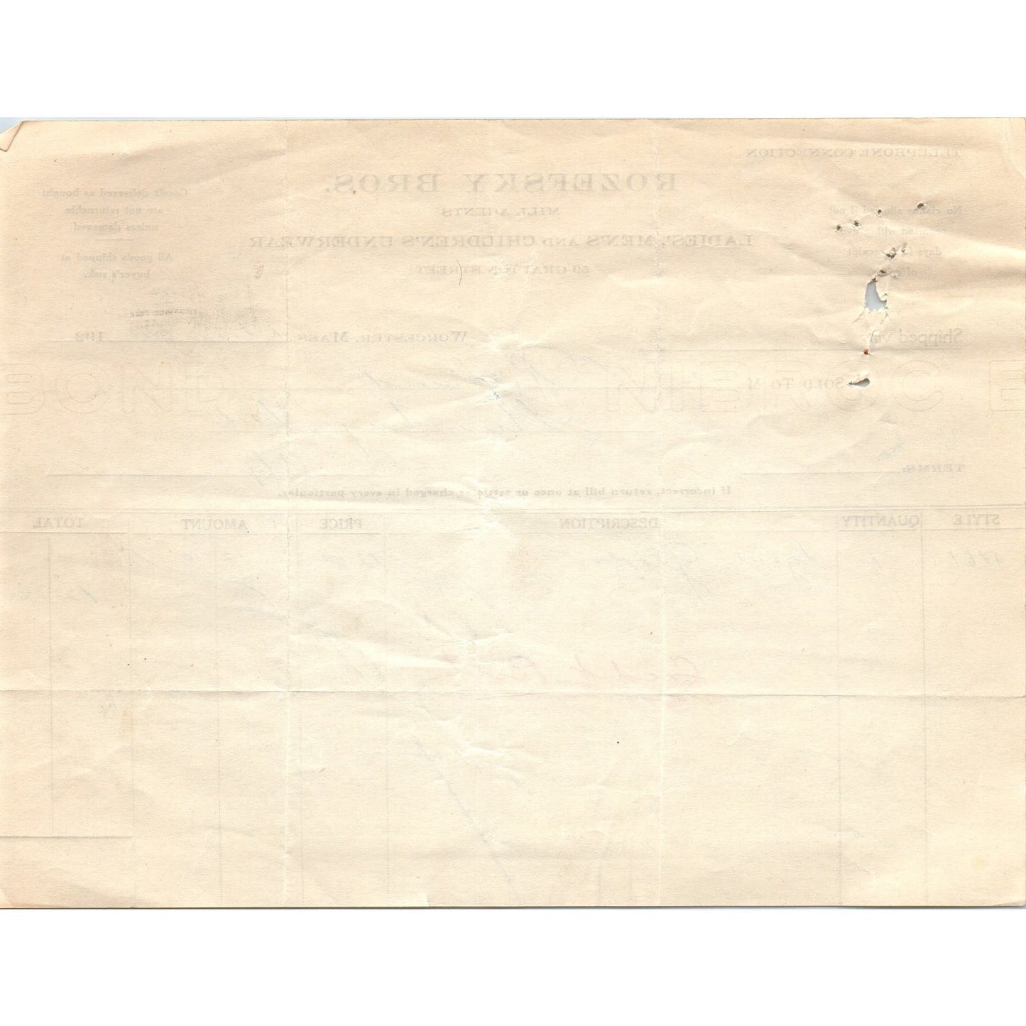 Rozefsky Bros Mill Agents Worcester MA 1925 Original Billhead Letterhead D5