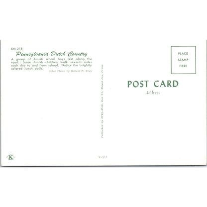 Amish School Boys With Lunch Boxes Pennsylvania Dutch Country Postcard PD8