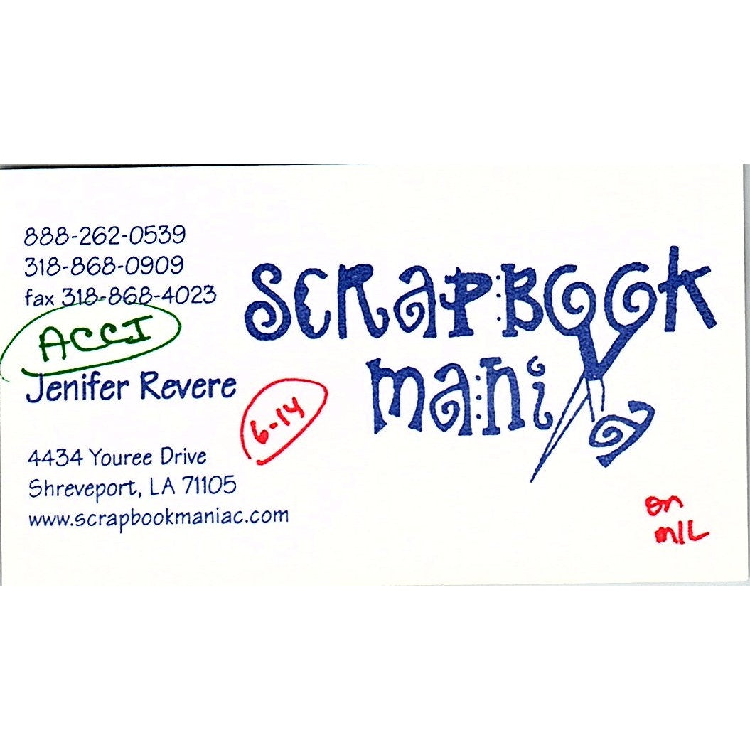Jenifer Revere Scrapbook Mania Shreveport LA Vintage Business Card SC9-B8