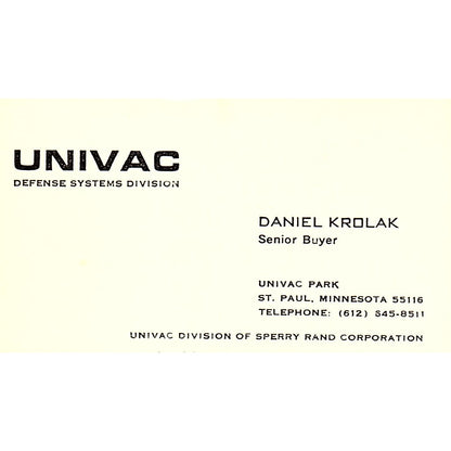 Daniel Krolak Univac Defense Systems St. Paul MN Vintage Business Card SD9-B9