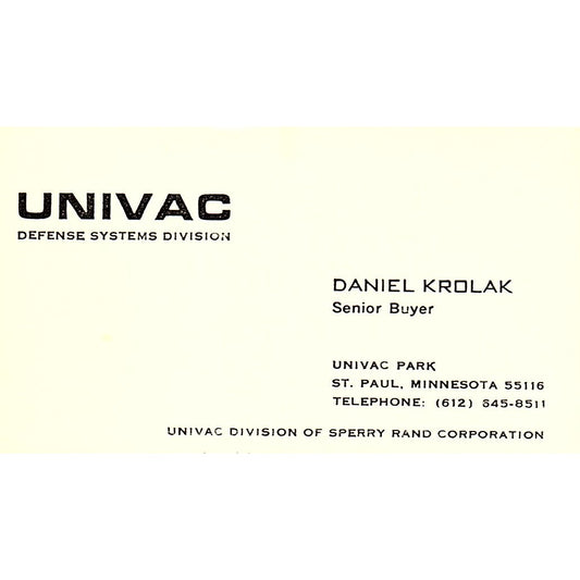Daniel Krolak Univac Defense Systems St. Paul MN Vintage Business Card SD9-B9