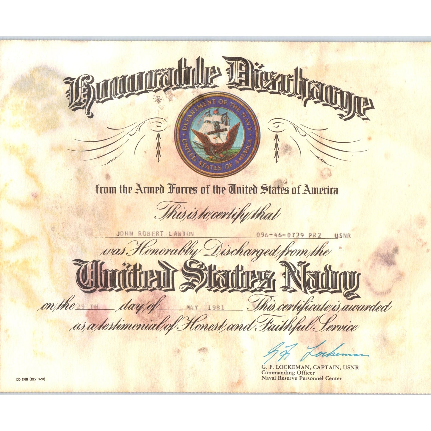 1981 USNR Navy Honorable Discharge Certificate John Robert Lawton D24