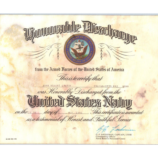 1981 USNR Navy Honorable Discharge Certificate John Robert Lawton D24