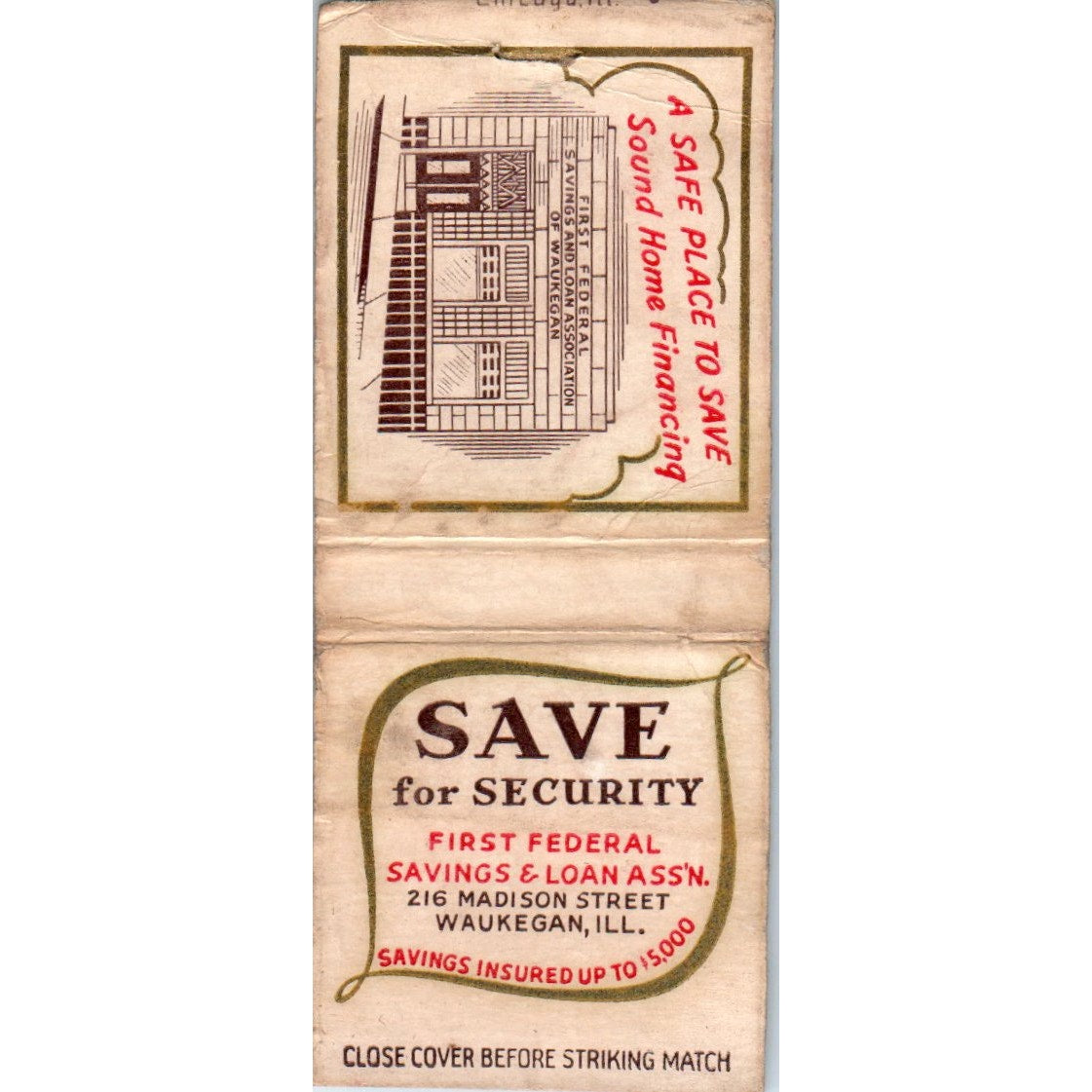 First Federal Savings & Loan Assn Waukegan IL Vintage Matchbook Cover SF4-Y1