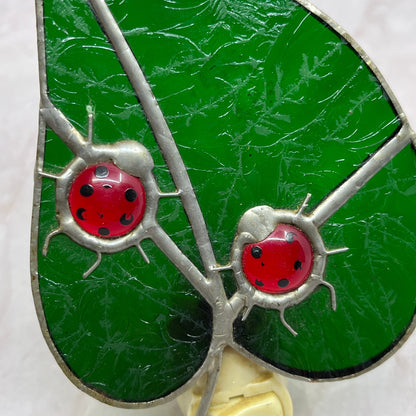 Vintage Ladybugs on Leaf Stained Glass Suncatcher Nightlight TH9