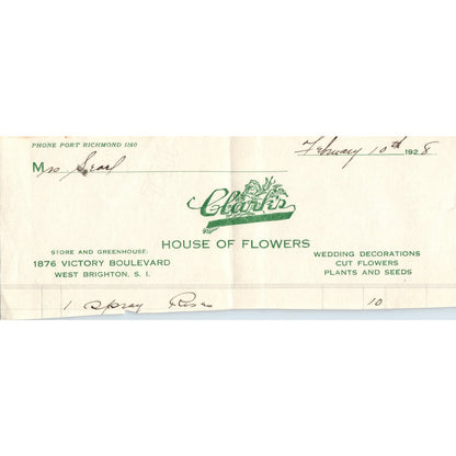 1928 Clark's House of Flowers Letterhead West Brighton Staten Island S.I. AE6