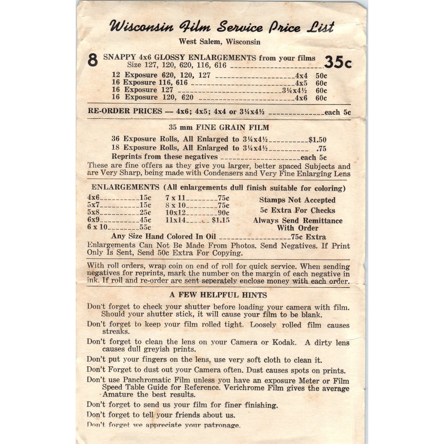 Vintage Wisconsin Film Service Price List West Salem WI AF1-RR6