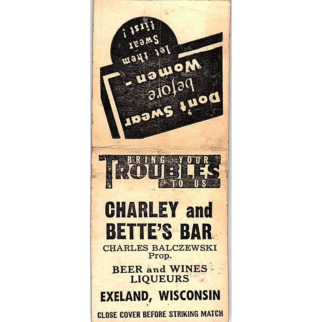 Charley & Bette's Bar Charles Balczewski Exeland WI Vtg Matchbook Cover SE5-Y2