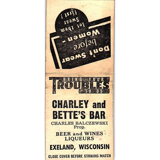 Charley & Bette's Bar Charles Balczewski Exeland WI Vtg Matchbook Cover SE5-Y2