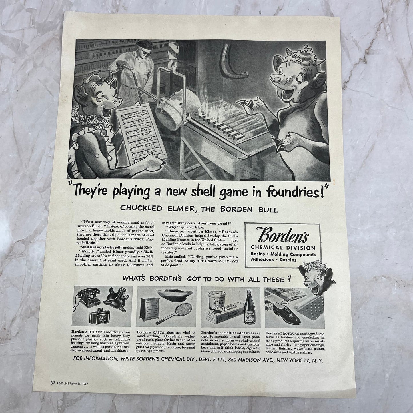 Borden's Elmer Borden Bull Chemical Division 1951 Magazine Ad FL6-10