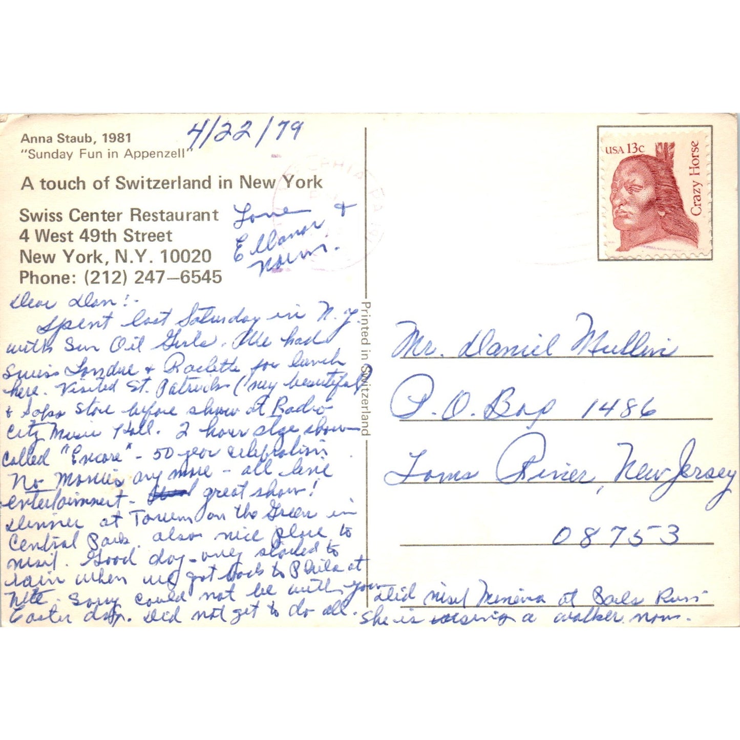 1981 Sunday Fun in Appenzell Anna Staub Switzerland in NY Vintage Postcard PD8