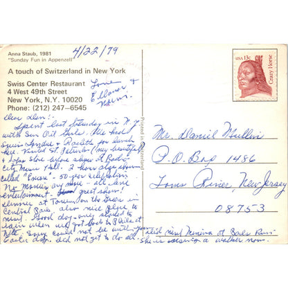 1981 Sunday Fun in Appenzell Anna Staub Switzerland in NY Vintage Postcard PD8