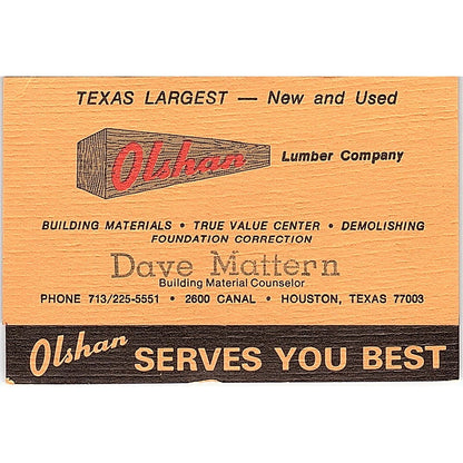 Olshan Lumber Company Dave Mattern Houston TX Vintage Business Card ML1-6