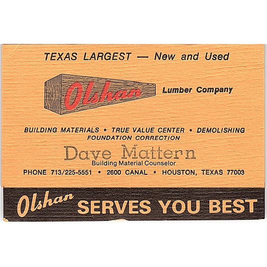 Olshan Lumber Company Dave Mattern Houston TX Vintage Business Card ML1-6