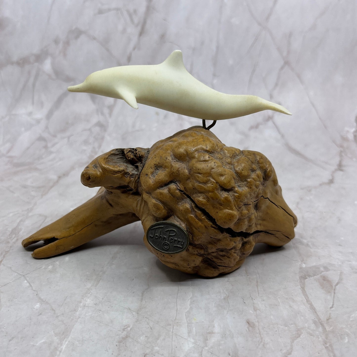 Vintage John Perry Studio Dolphin Burl Wood Art Sculpture Ocean 5x7" TF4