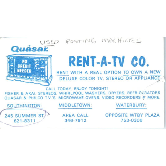 Rent-A-TV Co Southington CT Vintage Business Card SD8-B4