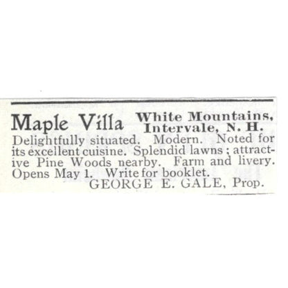 Maple Villa Intervale NH George E. Gale c1918 Original Advertisement AE5-SV1