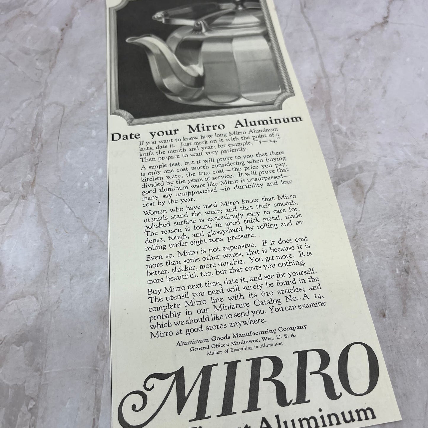 Mirro Aluminum Goods Manufacturing Co Manitowoc WI 1924 Magazine Ad FL6-11