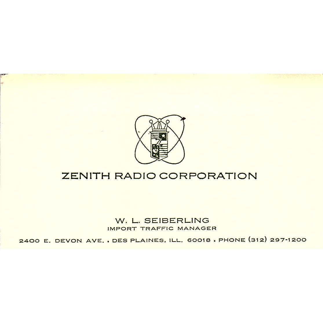 Zenith Radio Corporation W. L. Seiberling Des Plaines IL Business Card SSB4-B12