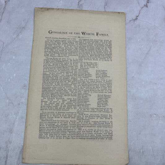 1879 Genealogy of the Worth Family Leaflet - Thomas Worth Delaware County PA D22