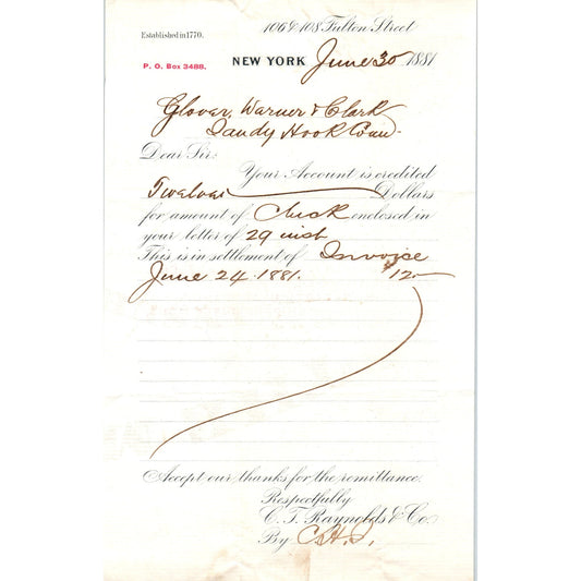 1881 Glover, Warner & Clark C.J. Raynolds Co Fulton St NY Receipt Letterhead D24