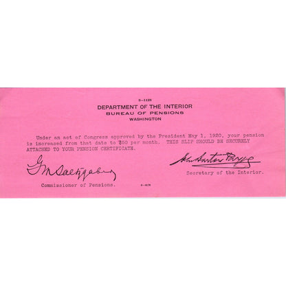 1920 US Department of the Interior Pension Increase Memo AD8-R4
