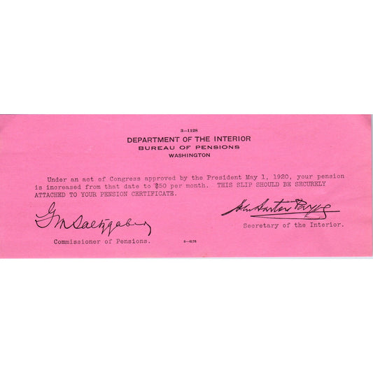 1920 US Department of the Interior Pension Increase Memo AD8-R4