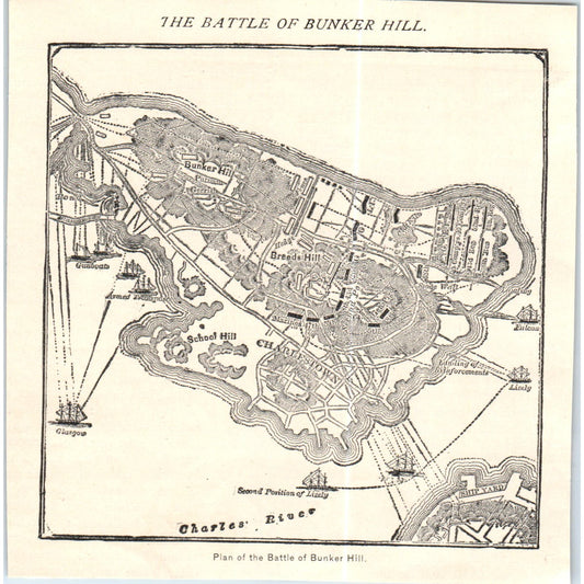 Plan of the Battle of Bunker Hill Map c1890 Victorian Print AE8-CH2