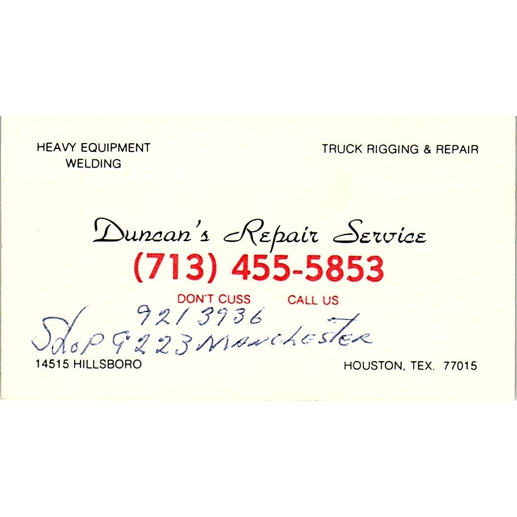 Duncan's Repair Service Houston Texas Vintage Business Card SB4-B10
