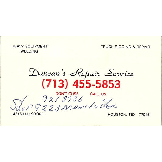 Duncan's Repair Service Houston Texas Vintage Business Card SB4-B10