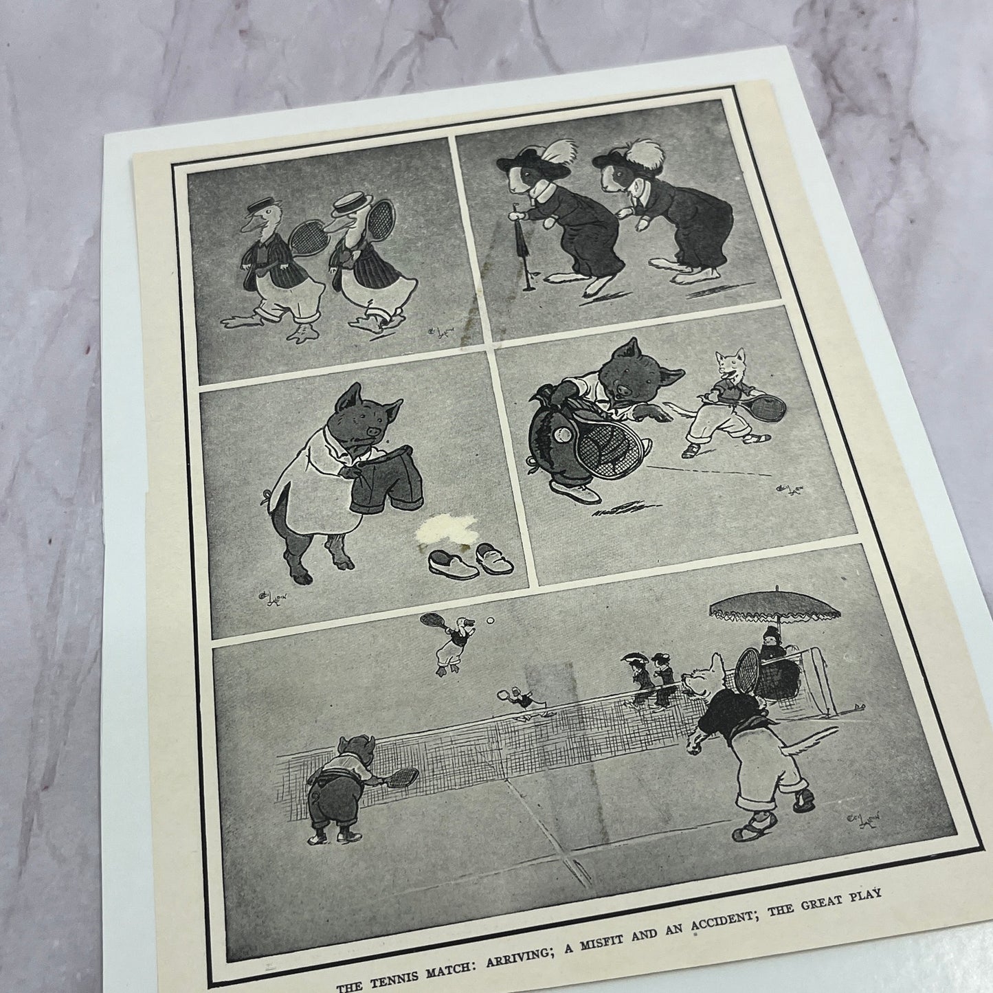 Antique c1920s Comic Cartoon The Tennis Match Anthropomorphic Animals V18