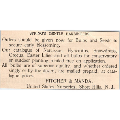 Pitcher & Manda Seeds & Bulbs US Nurseries Short Hills NJ 1892 Ad AK5-H8