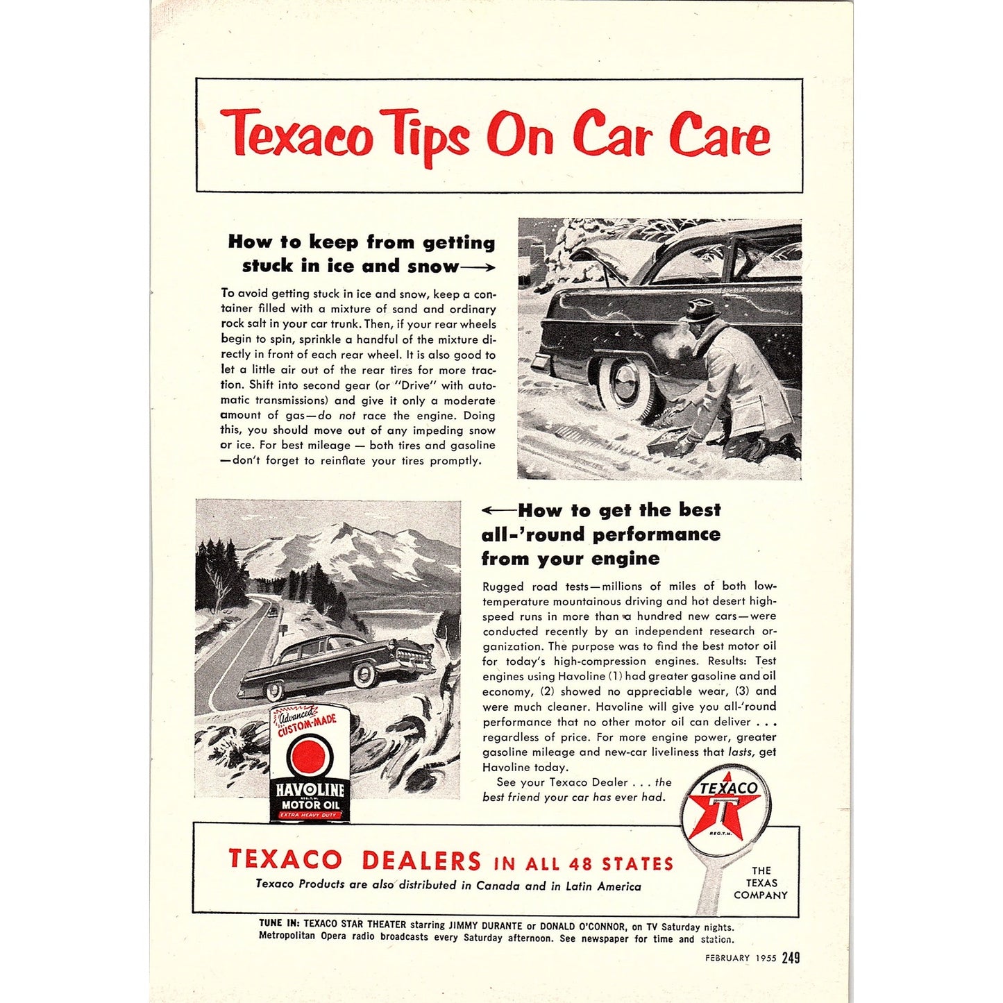 Texaco Tips on Car Care Havoline Motor Oil 1955 Ad AG1-7