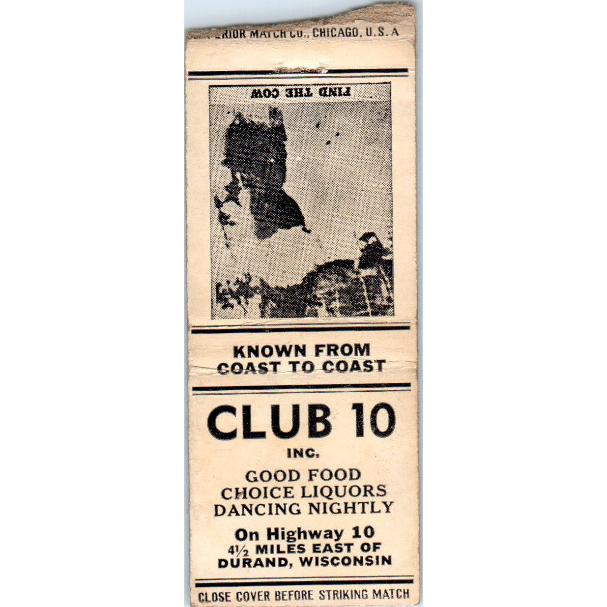 Club 10 Durand Wisconsin Vintage Matchbook Cover SD4-Y4
