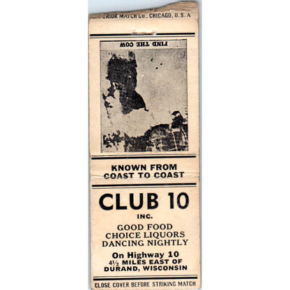 Club 10 Durand Wisconsin Vintage Matchbook Cover SD4-Y4