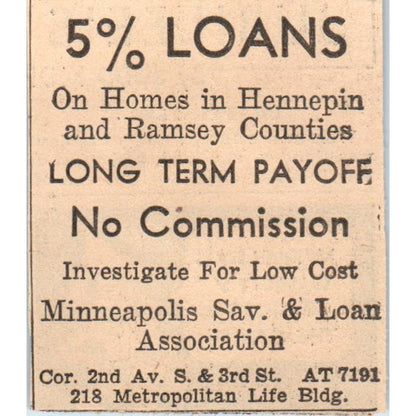 Minneapolis Savings & Loan Assoc Met Life Bldg 1935 Newspaper Ad AE7-H2