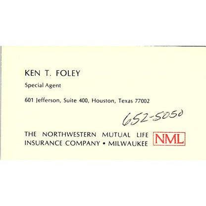 Ken T Foley Northwestern Mutual Life Houston Vintage Business Card SD9-B6