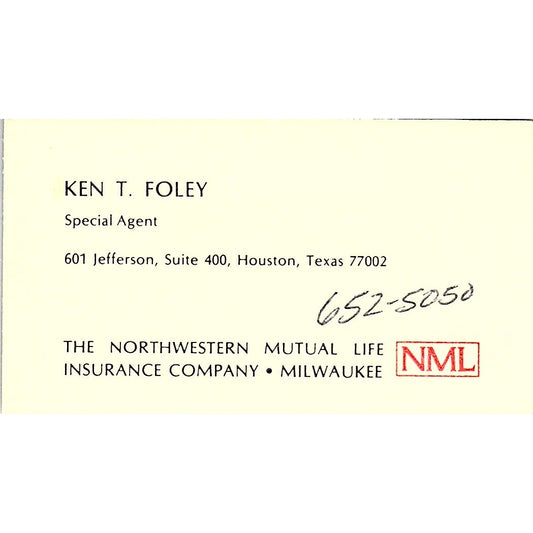 Ken T Foley Northwestern Mutual Life Houston Vintage Business Card SD9-B6