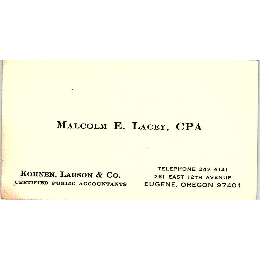 Malcolm E Lacey Kohnen, Larson & Co CPA Eugene OR Vintage Business Card SD9-B1