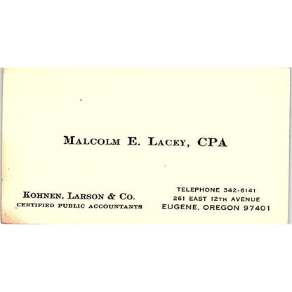 Malcolm E Lacey Kohnen, Larson & Co CPA Eugene OR Vintage Business Card SD9-B1