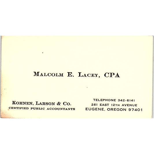 Malcolm E Lacey Kohnen, Larson & Co CPA Eugene OR Vintage Business Card SD9-B1