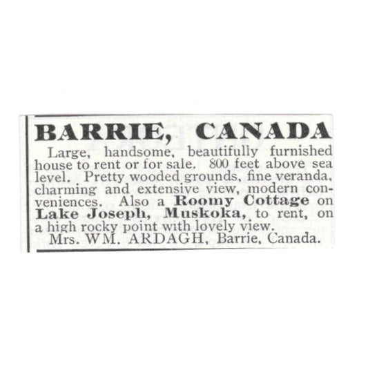 Barrie Canada Home Lake Joseph Muskoka Wm. Ardagh 1903 Magazine Ad AF7-SS3