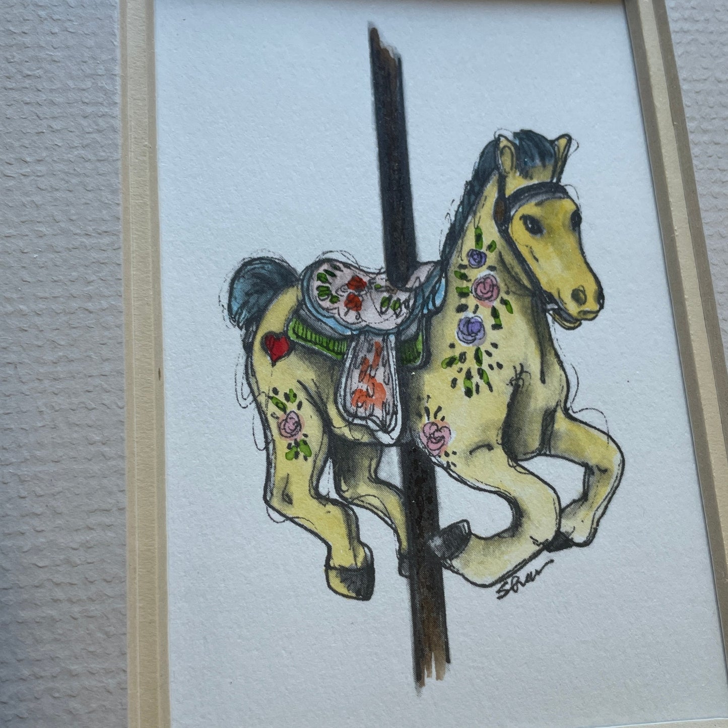 Yellow Carousel Horse 5x7 Matted Print Hand Watercolor, Signed Shar Coulson