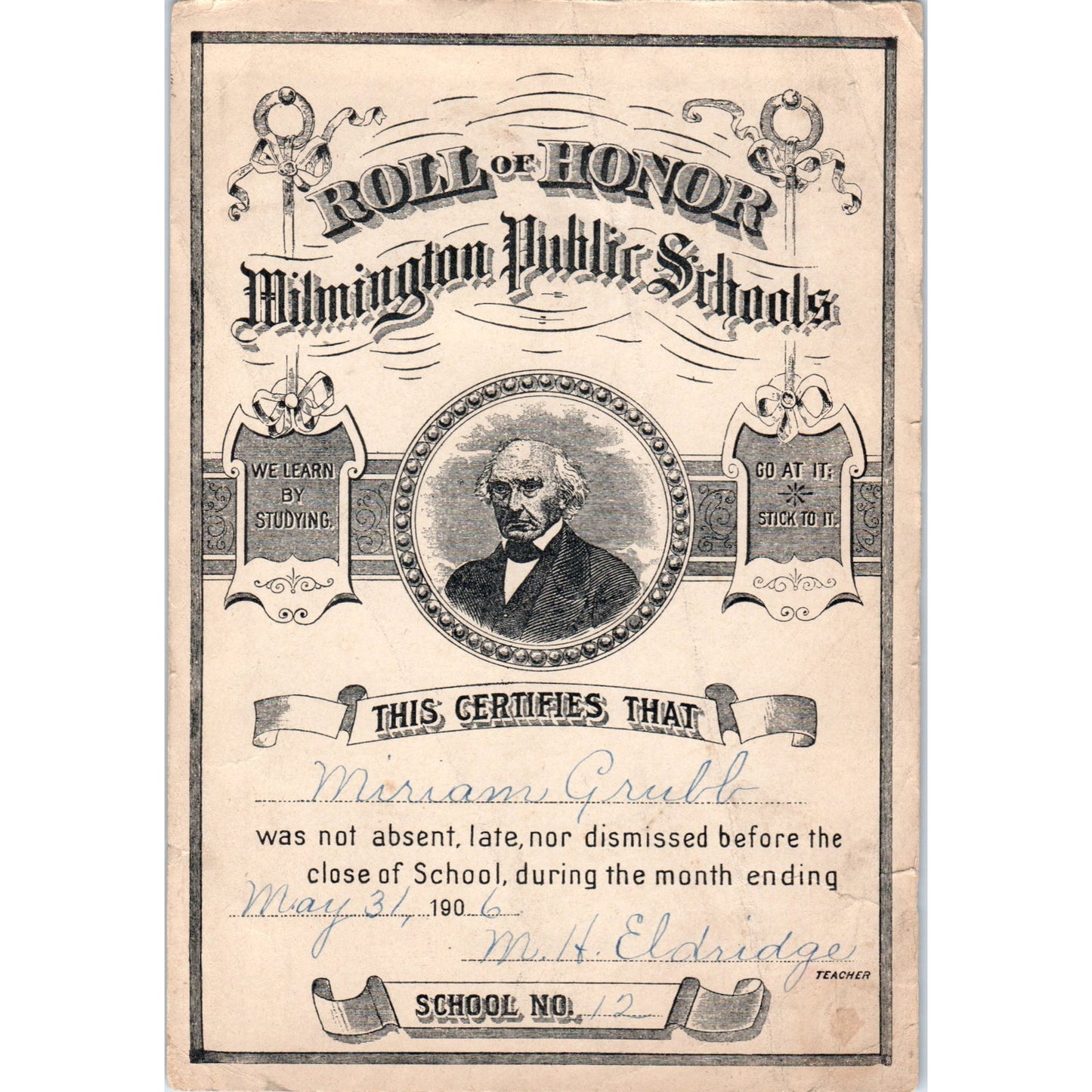 1906 Wilmington Public School Attendance Award Miriam Grubb H. Eldridge AF7-E3