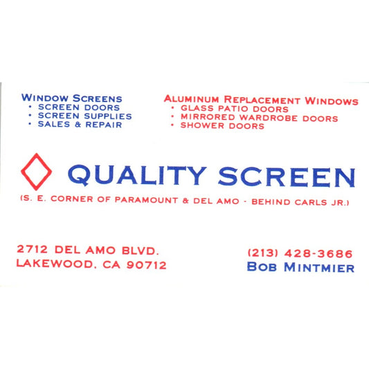 Bob Mintmier Quality Screen Lakewood CA Vintage Business Card SD8-B3