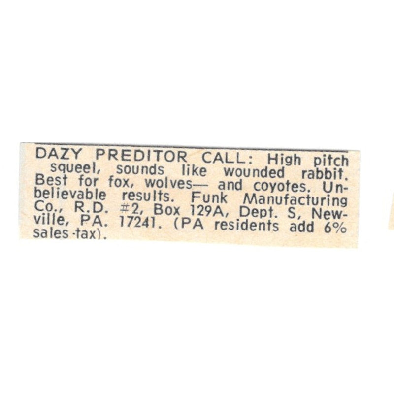 Dazy Predator Call Funk MFG Co Newville PA 1977 Ad AF6-S7