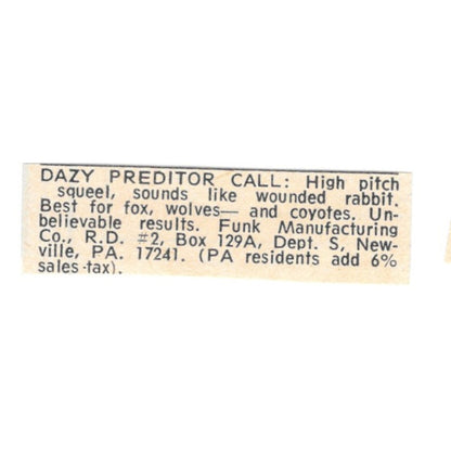 Dazy Predator Call Funk MFG Co Newville PA 1977 Ad AF6-S7