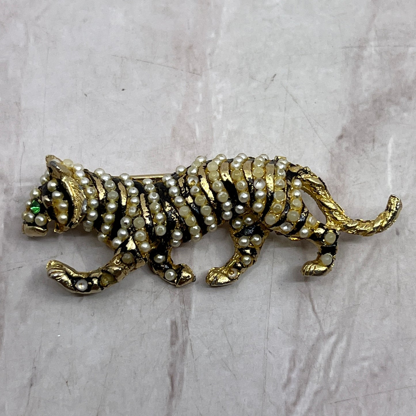 Vintage Black Enamel Seeded Pearls Tiger Animal Pin Brooch SF4