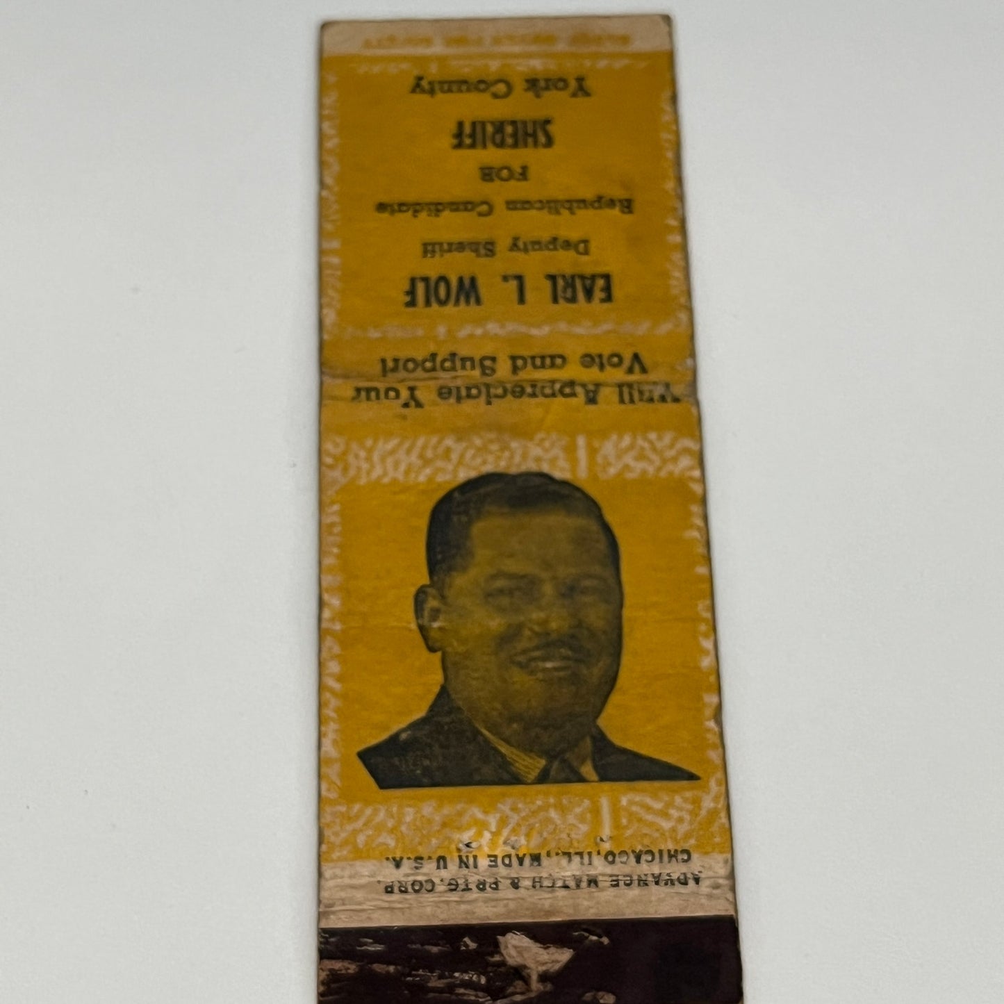 Vote Earl L Wolf Republican Deputy Sheriff York County Vtg Matchbook TB6-MB2-14