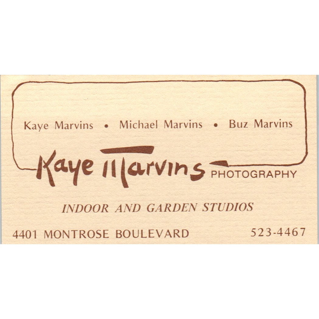 Kaye Marvins Photography 4401 Montrose Blvd Houston Vtg Business Card SD8-B17